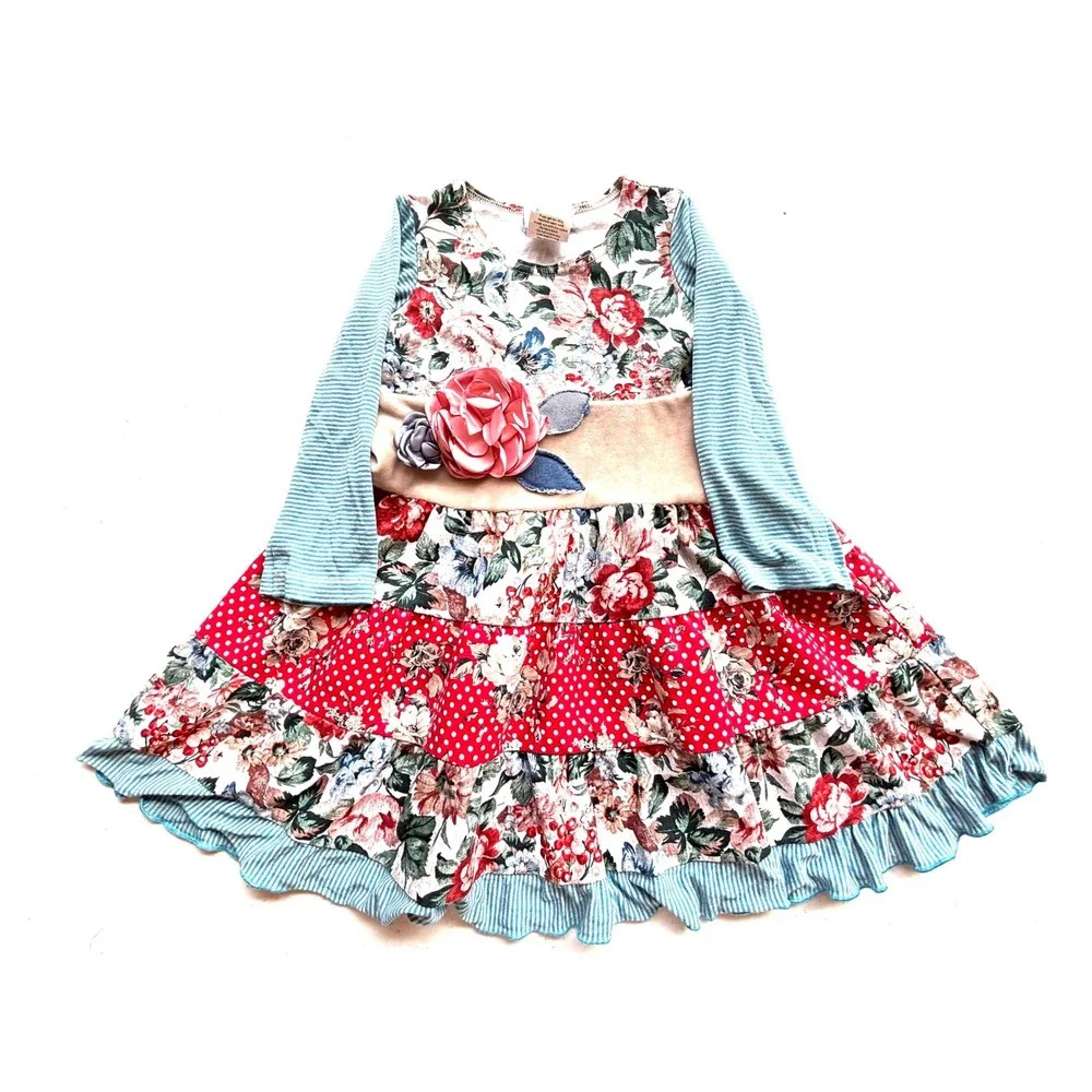 Boutique Floral Polka Dot Tiered Ruffle Dress Toddler 2T Red Blue Excellent